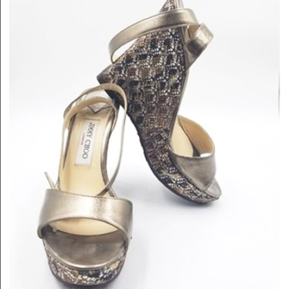 Jimmy Choo Bronze Glitter Wedge Sandals